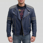 Men's Dark Blue and Grey Quilted Leather Perfecto Biker Jacket — Gibson