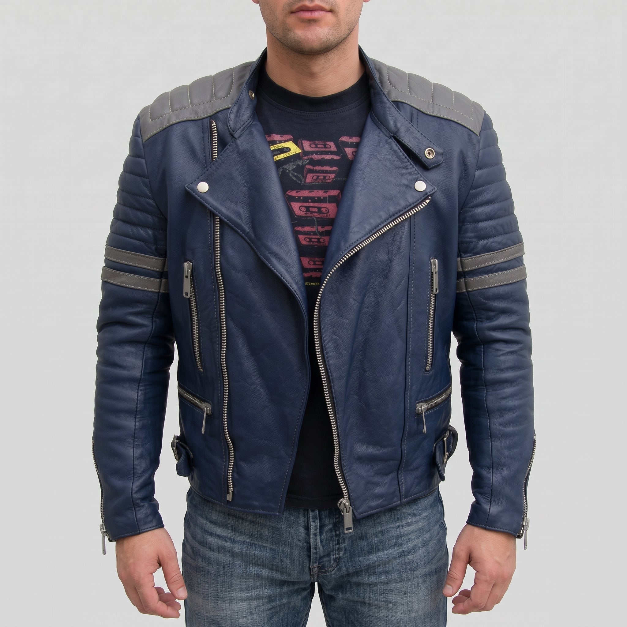 Men's Dark Blue and Grey Quilted Leather Perfecto Biker Jacket — Gibson