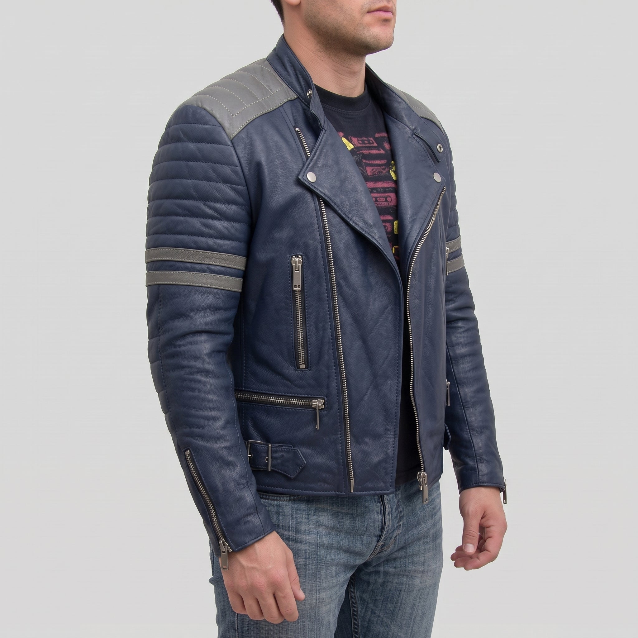 Men's Dark Blue and Grey Quilted Leather Perfecto Biker Jacket — Gibson