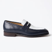 Men's Dark Blue and White Plain-Toe Leather Penny Loafers — Cowper