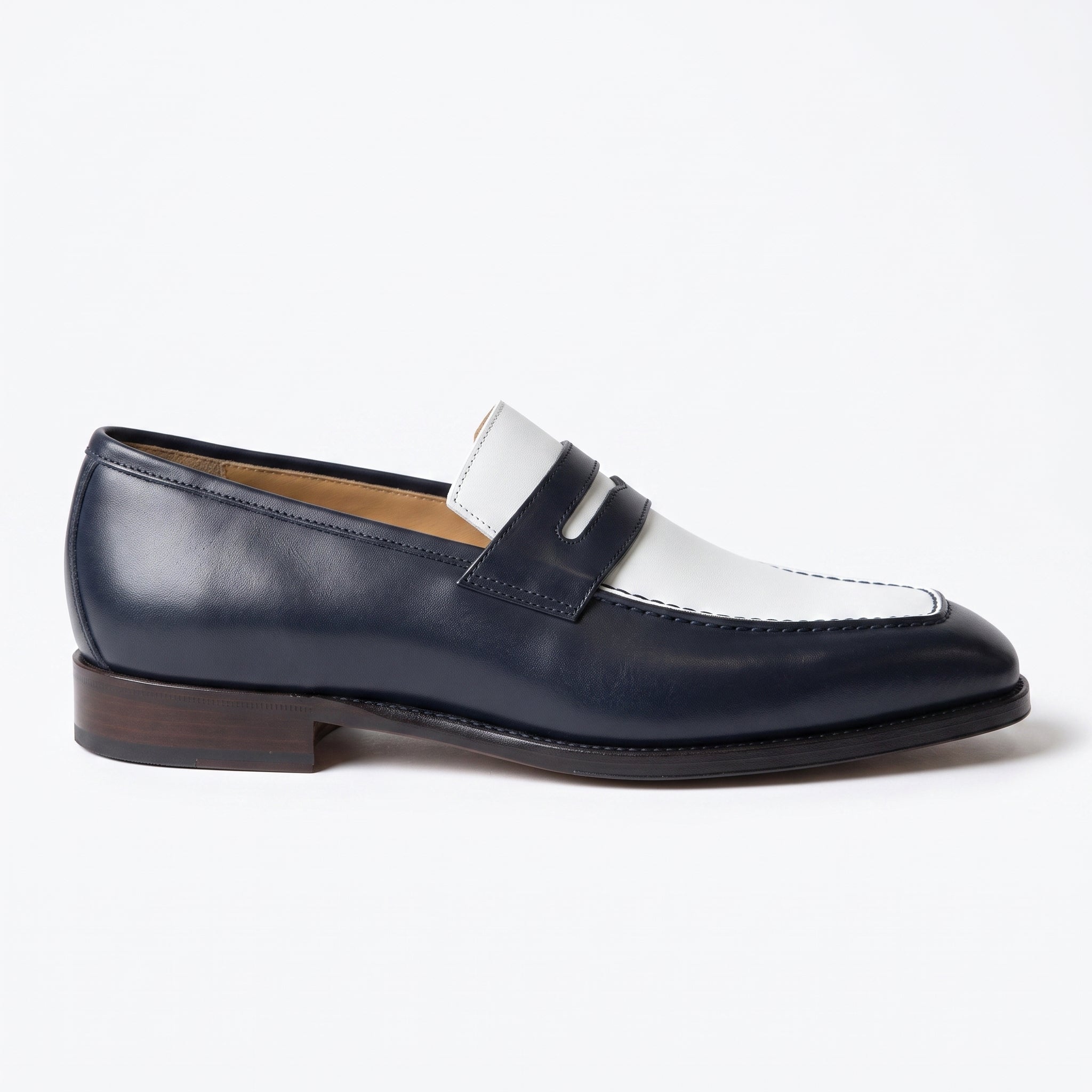 Men's Dark Blue and White Plain-Toe Leather Penny Loafers — Cowper