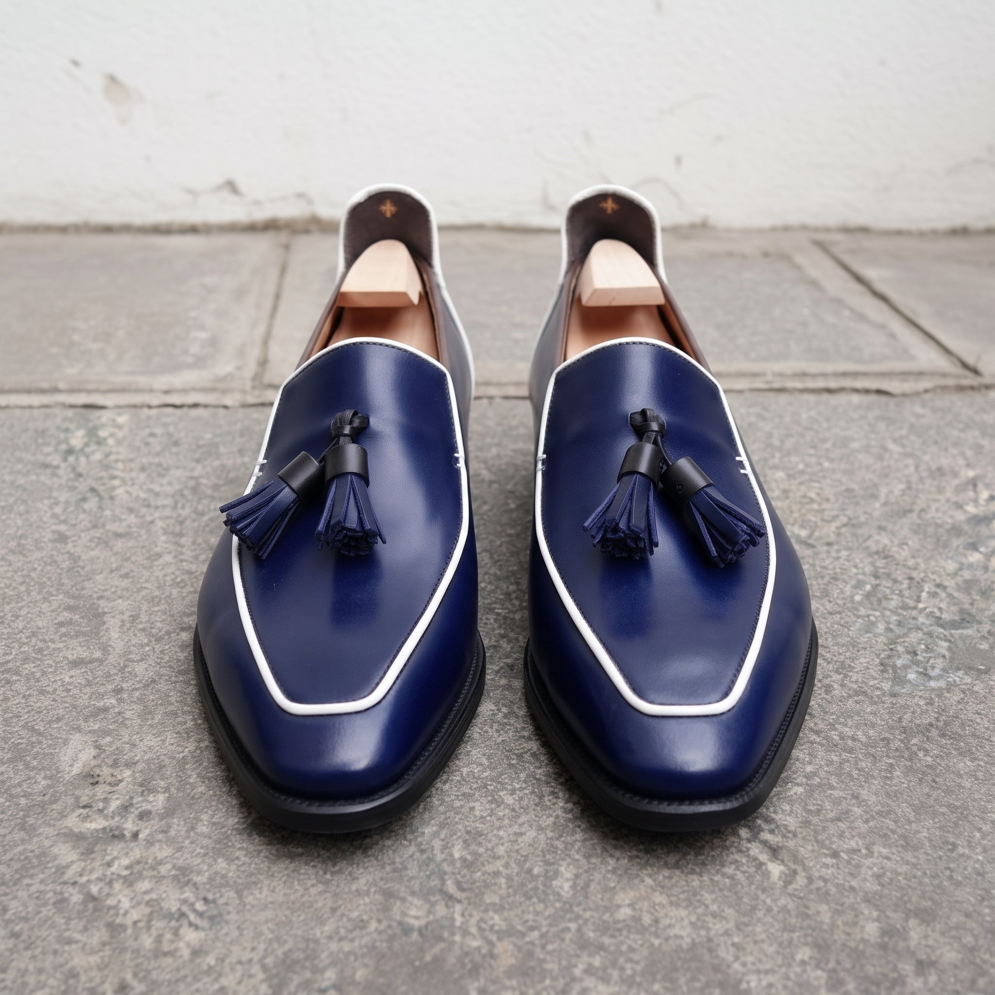 Men's Dark Blue Apron-Toe Leather Tassel Loafers — Ford