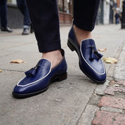 Men's Dark Blue Apron-Toe Leather Tassel Loafers — Ford