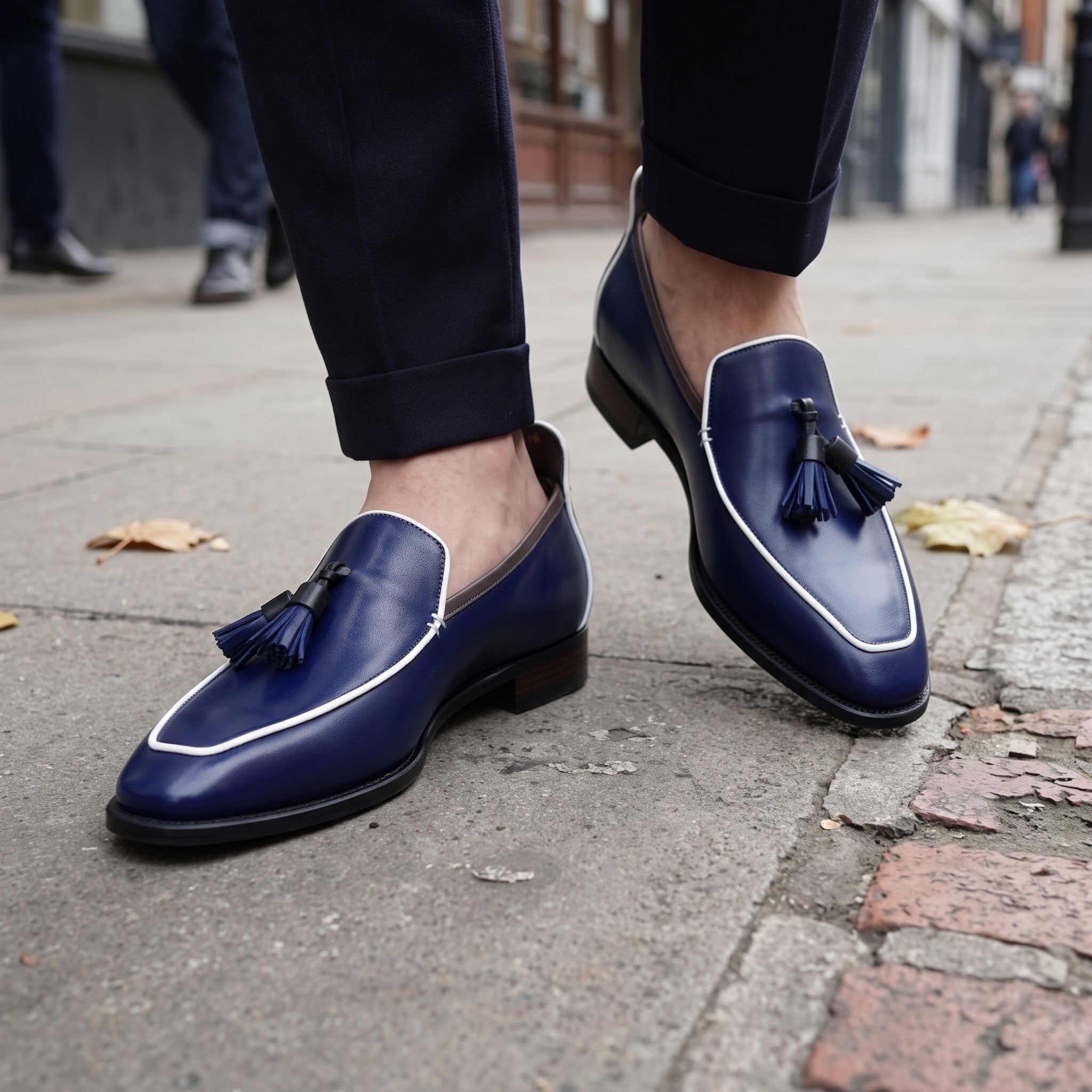 Men's Dark Blue Apron-Toe Leather Tassel Loafers — Ford