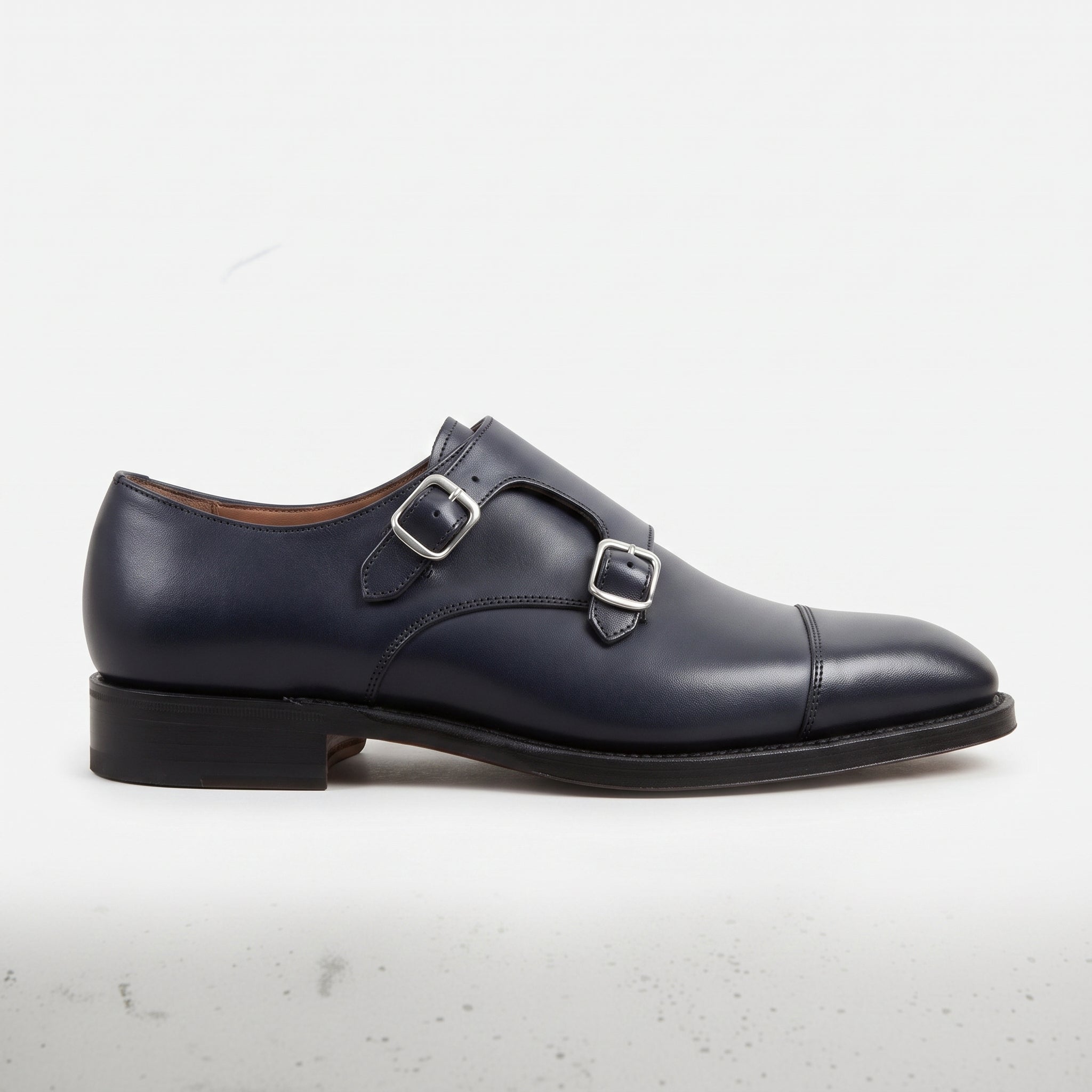 Men's Dark Blue Cap-Toe Leather Double Monk Strap Monks — Albemarle — Albemarle