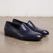 Men's Dark Blue Crocodile-Embossed Leather Penny Loafers — Arkwright