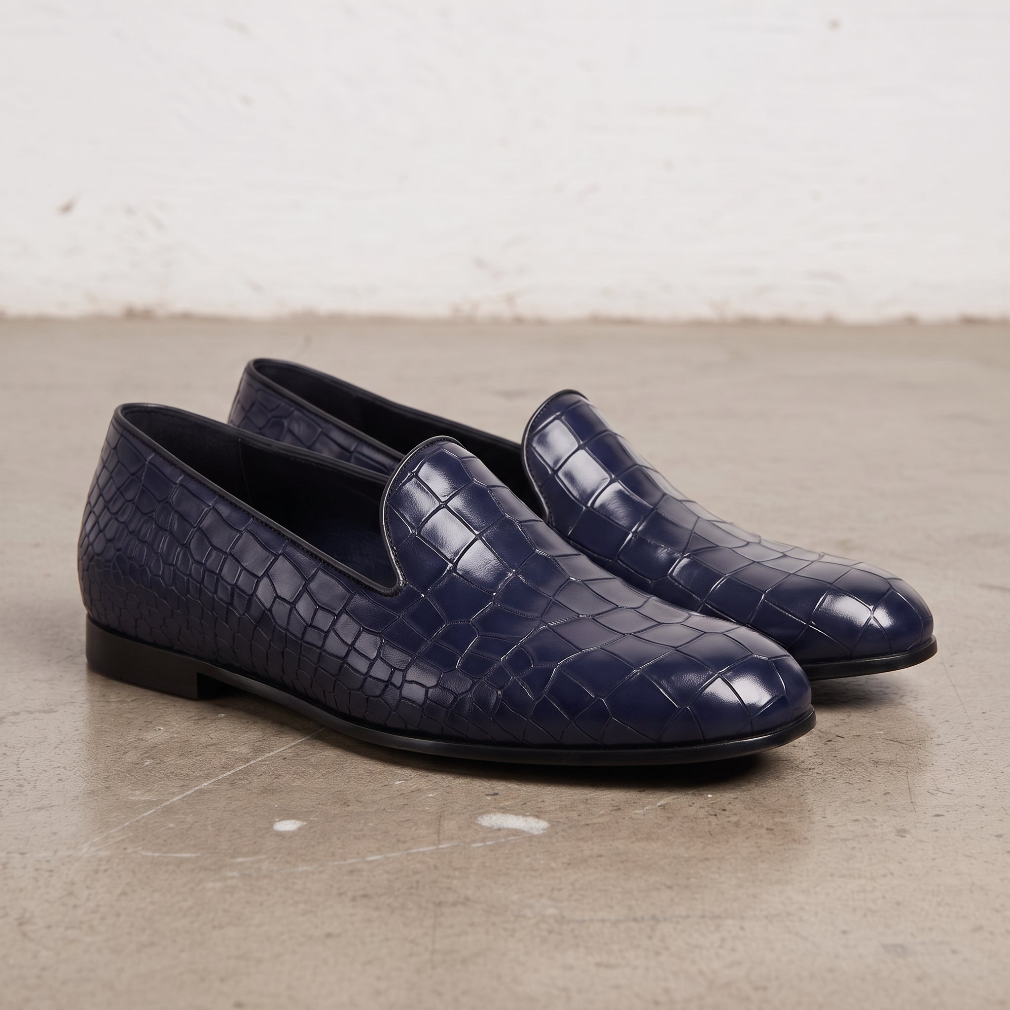 Men's Dark Blue Crocodile-Embossed Leather Penny Loafers — Arkwright
