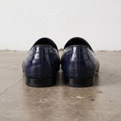 Men's Dark Blue Crocodile-Embossed Leather Penny Loafers — Arkwright