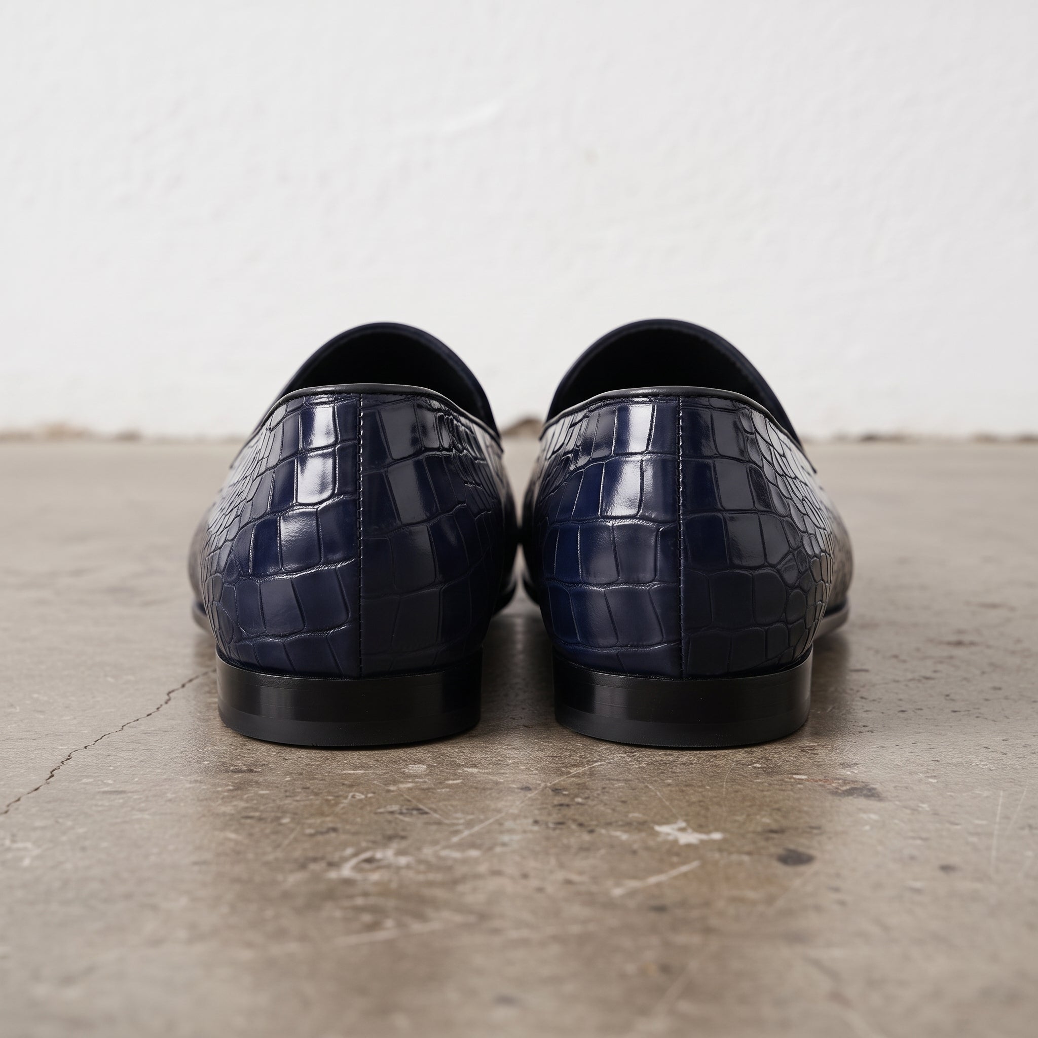 Men's Dark Blue Crocodile-Embossed Leather Penny Loafers — Arkwright