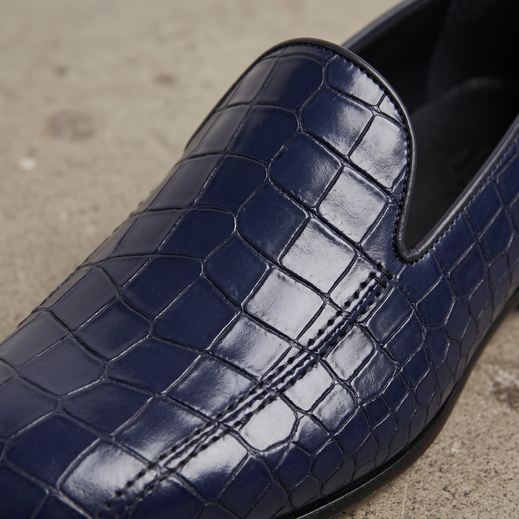 Men's Dark Blue Crocodile-Embossed Leather Penny Loafers — Arkwright