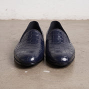 Men's Dark Blue Crocodile-Embossed Leather Penny Loafers — Arkwright