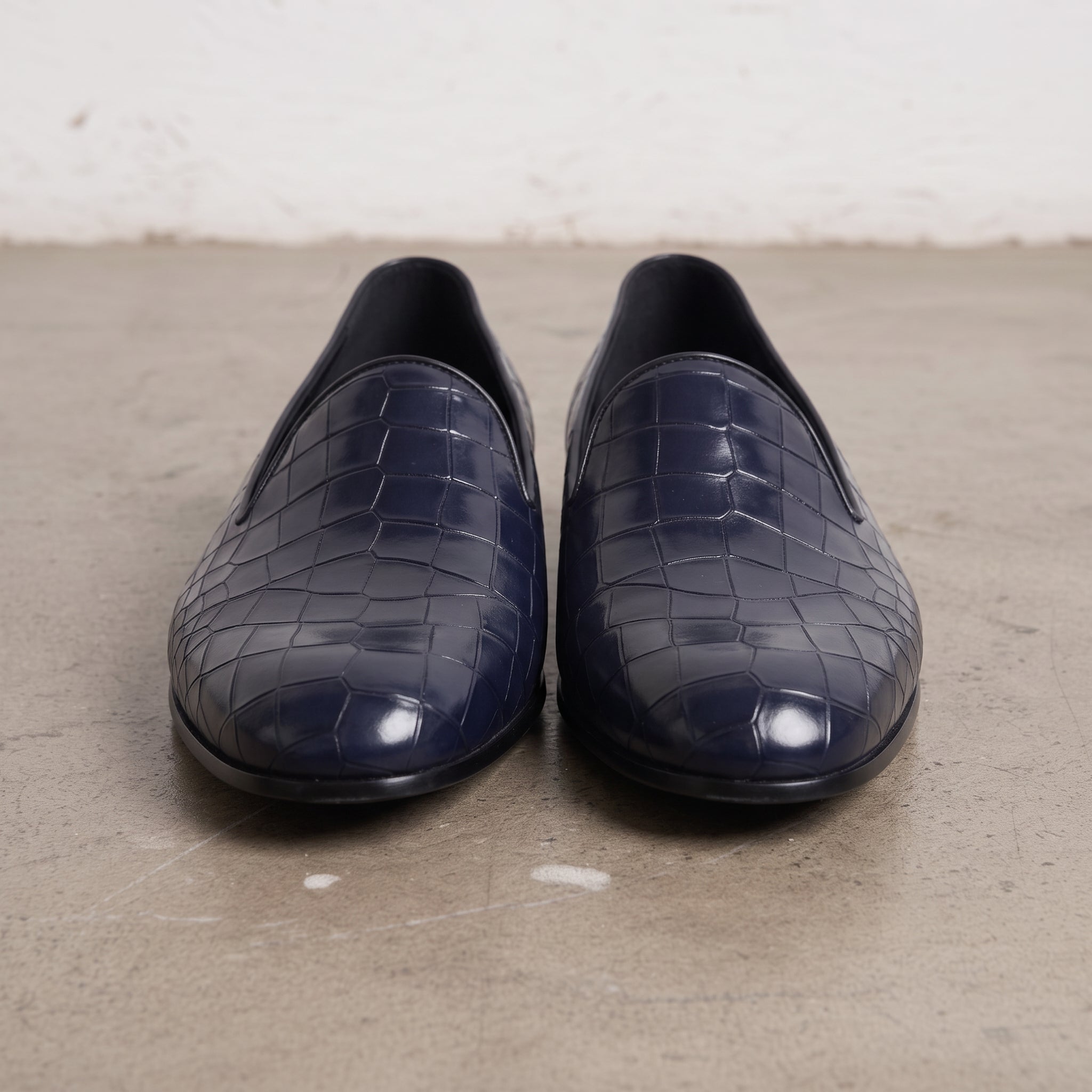 Men's Dark Blue Crocodile-Embossed Leather Penny Loafers — Arkwright