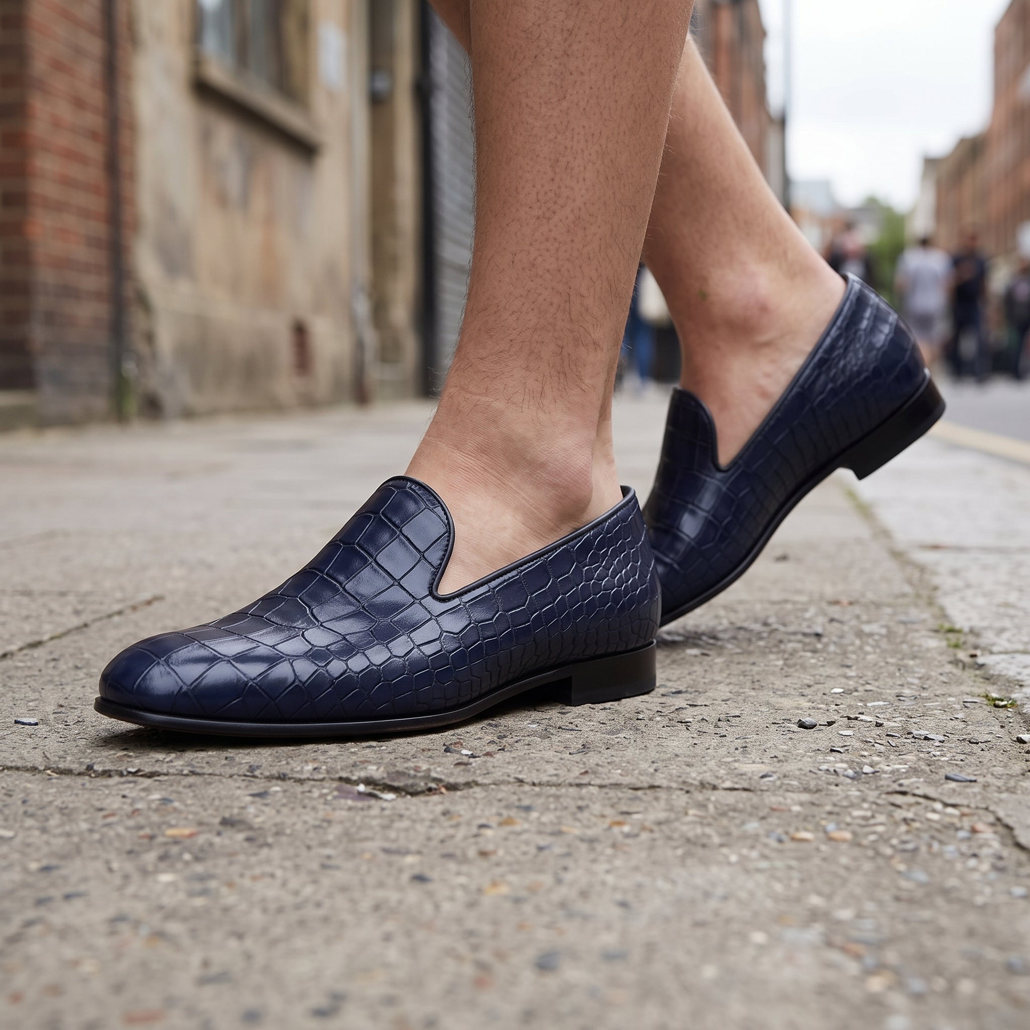 Men's Dark Blue Crocodile-Embossed Leather Penny Loafers — Arkwright