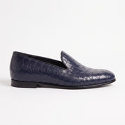 Men's Dark Blue Crocodile-Embossed Leather Penny Loafers — Arkwright