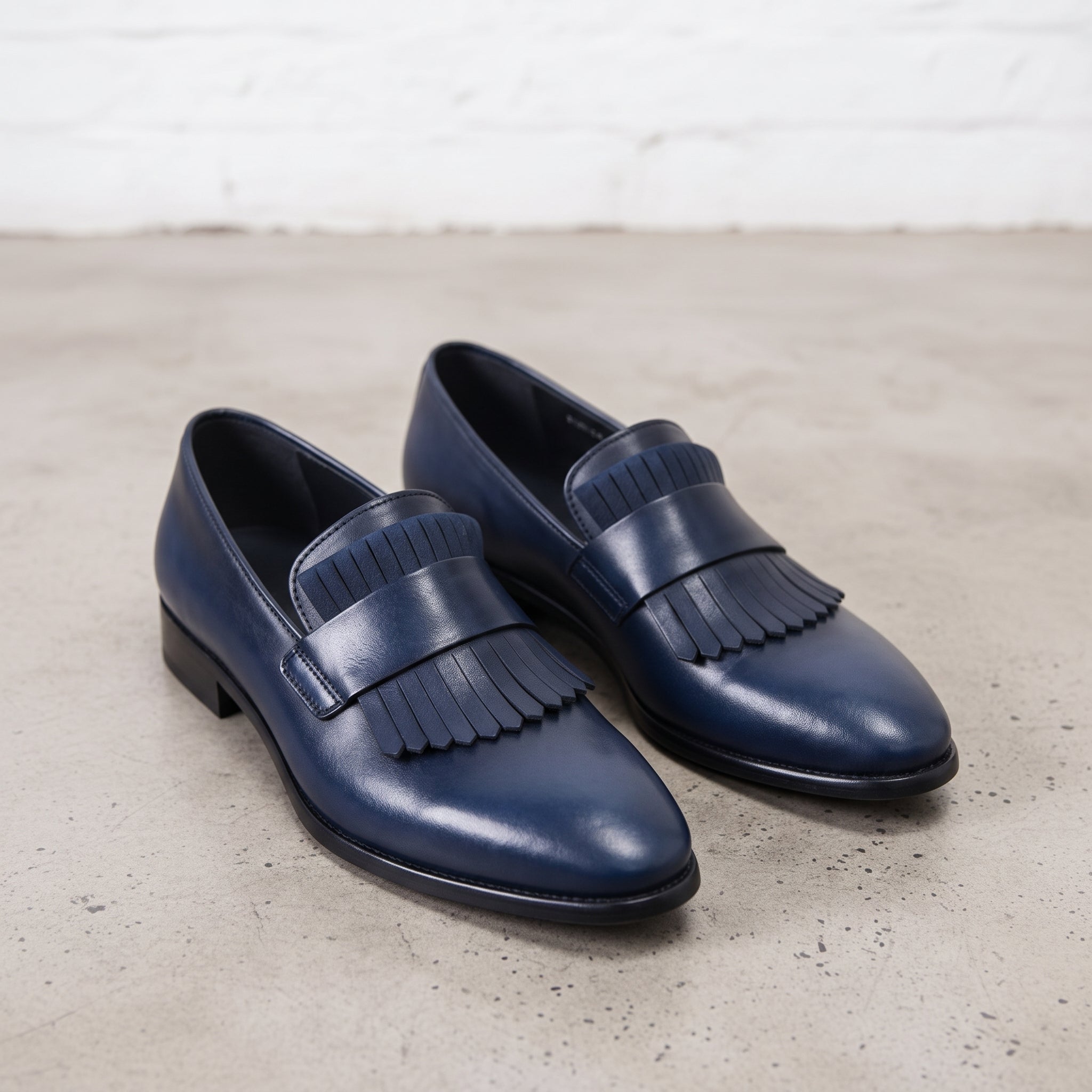 Men's Dark Blue Kiltie Leather Loafers — Monk