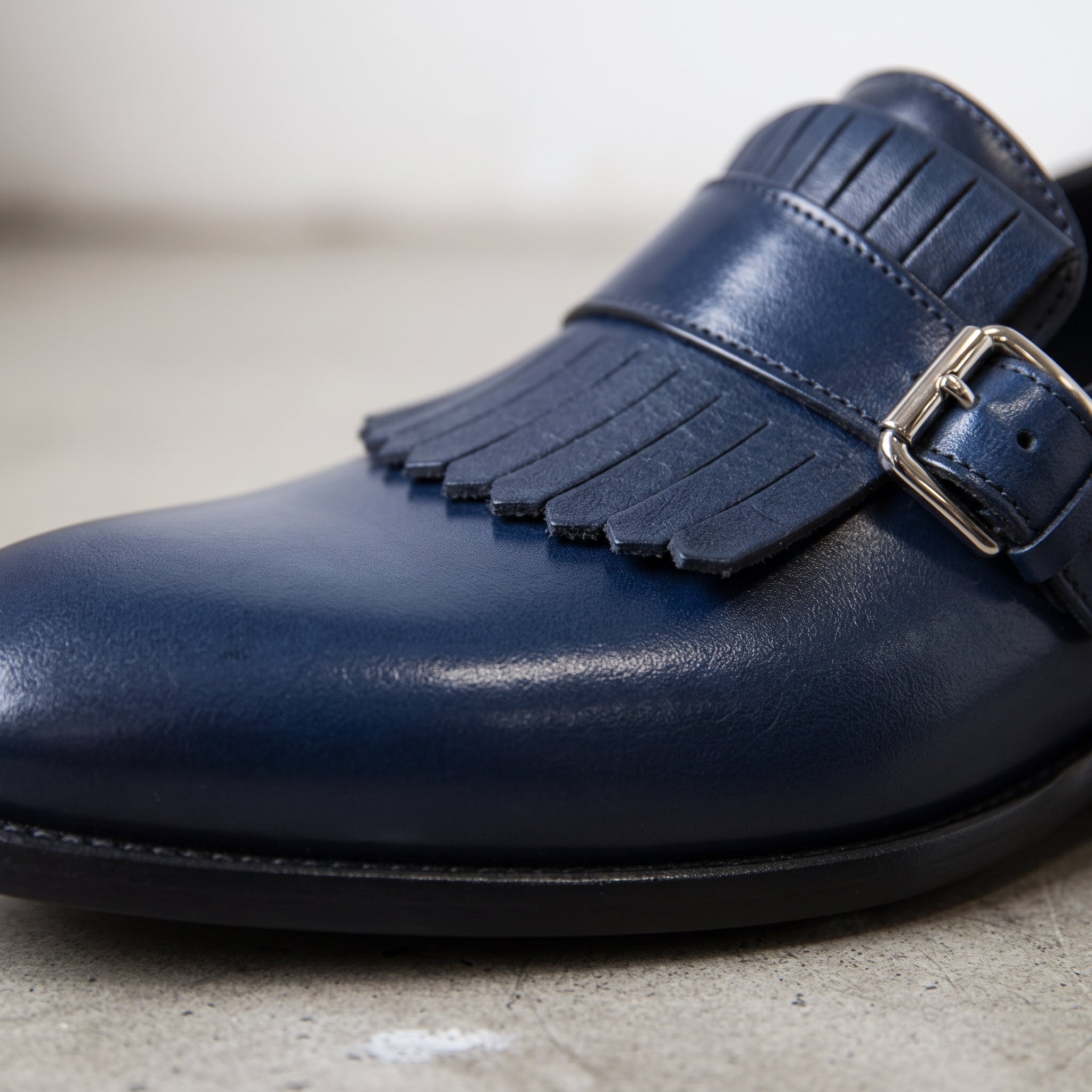 Men's Dark Blue Kiltie Leather Loafers — Monk