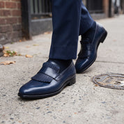Men's Dark Blue Kiltie Leather Loafers — Monk