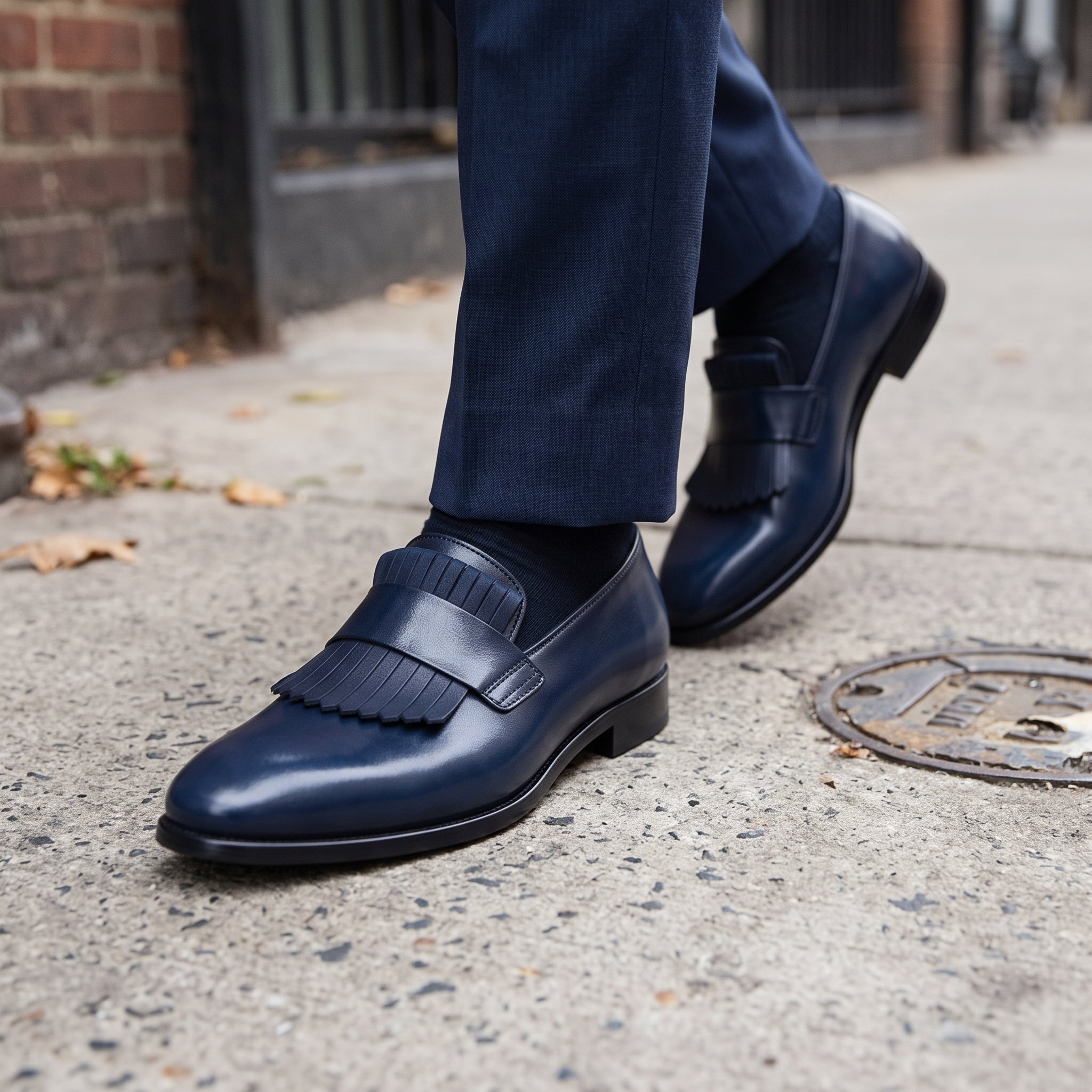 Men's Dark Blue Kiltie Leather Loafers — Monk