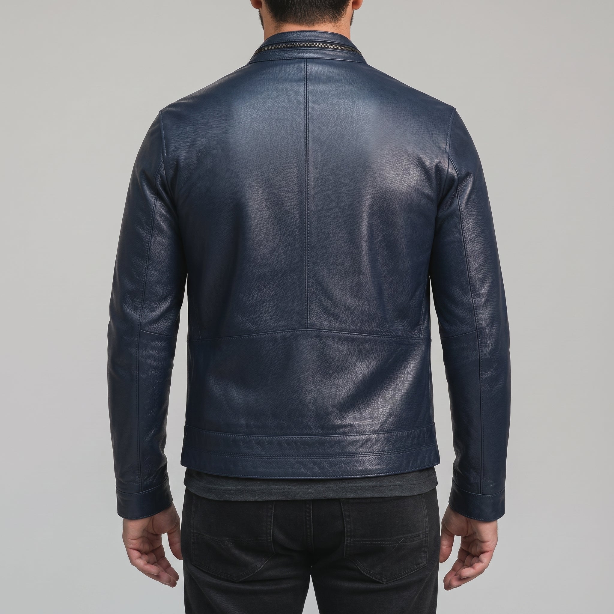 Men's Dark Blue Leather Biker Jacket — Holton