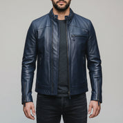 Men's Dark Blue Leather Biker Jacket — Holton