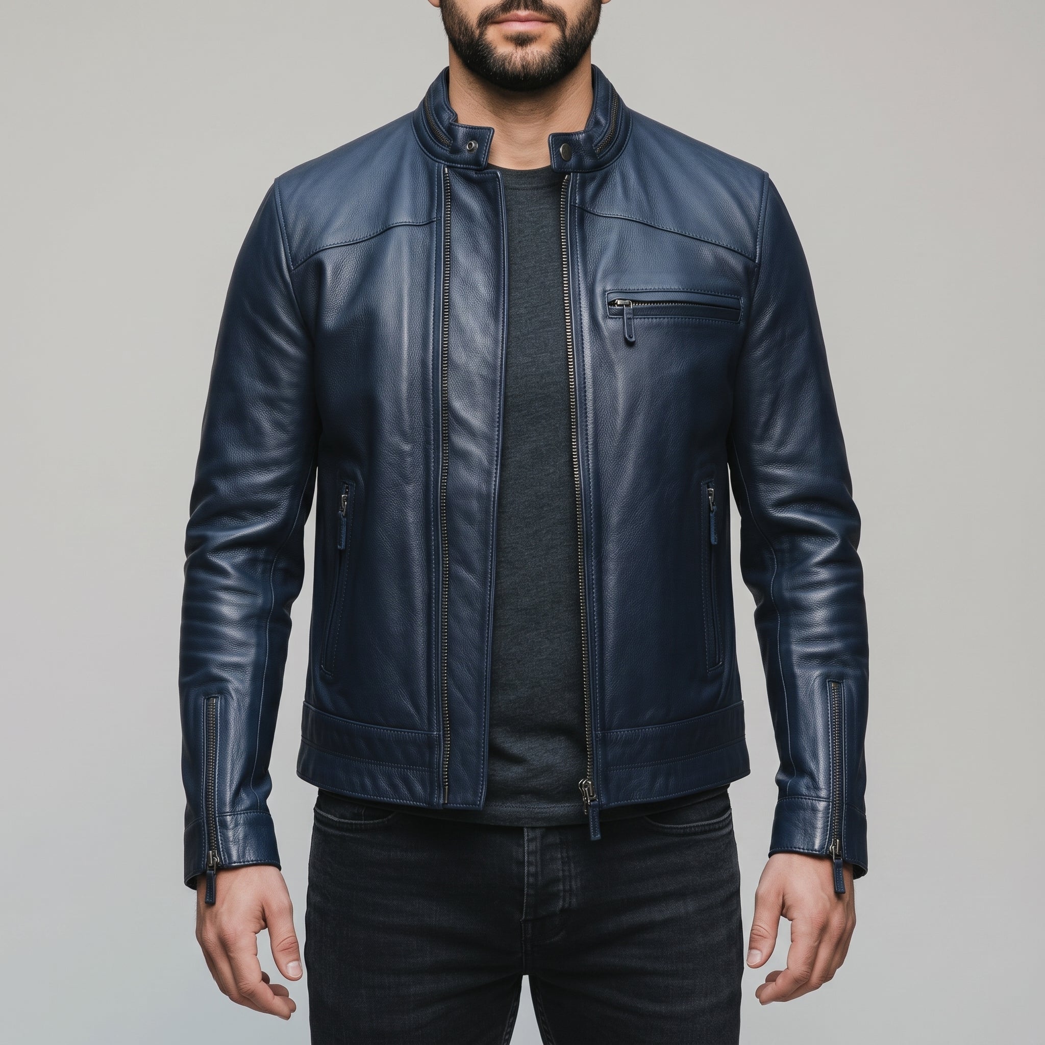 Men's Dark Blue Leather Biker Jacket — Holton