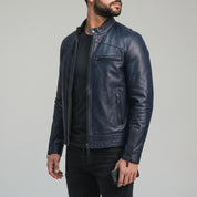 Men's Dark Blue Leather Biker Jacket — Holton