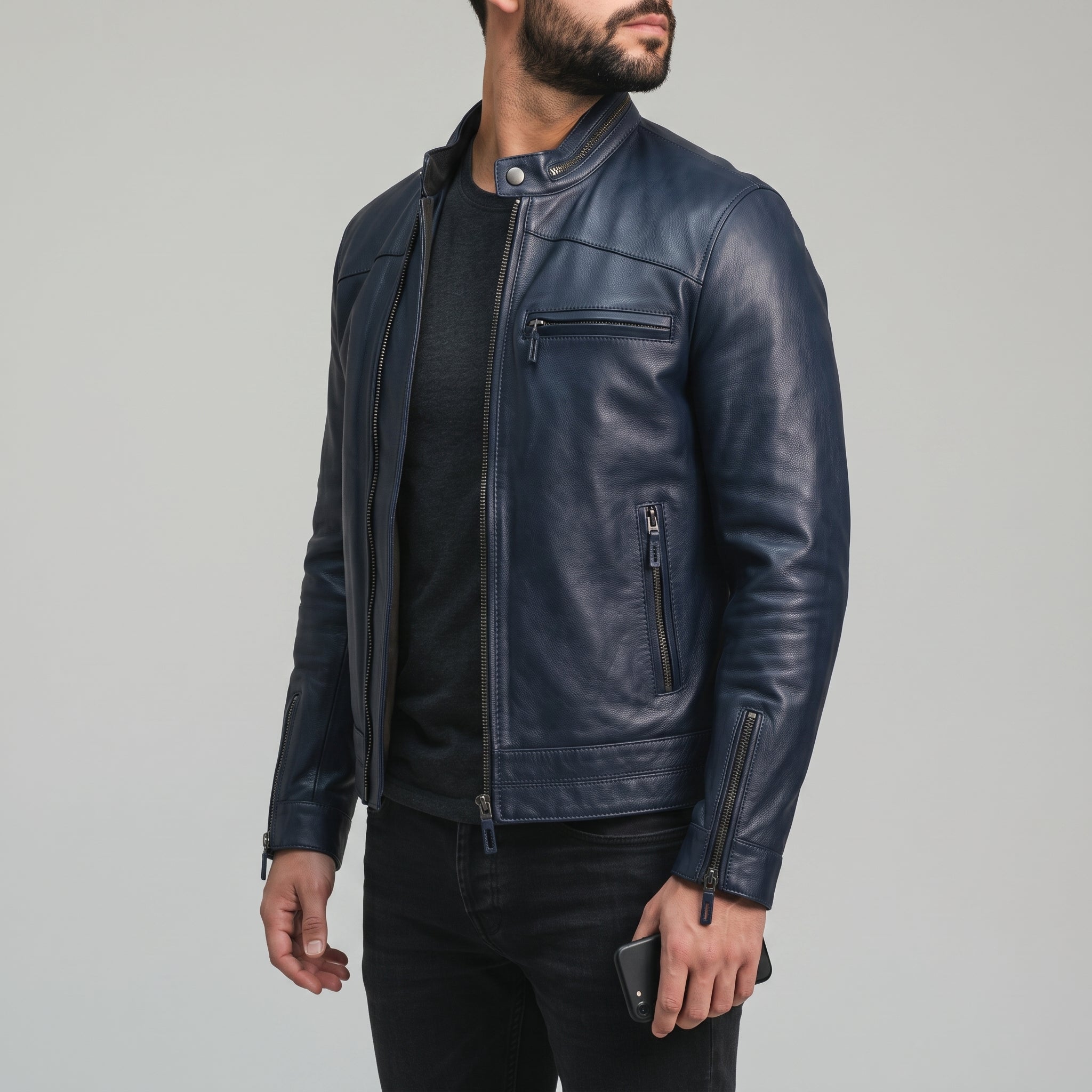 Men's Dark Blue Leather Biker Jacket — Holton