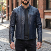 Men's Dark Blue Leather Biker Jacket — Holton