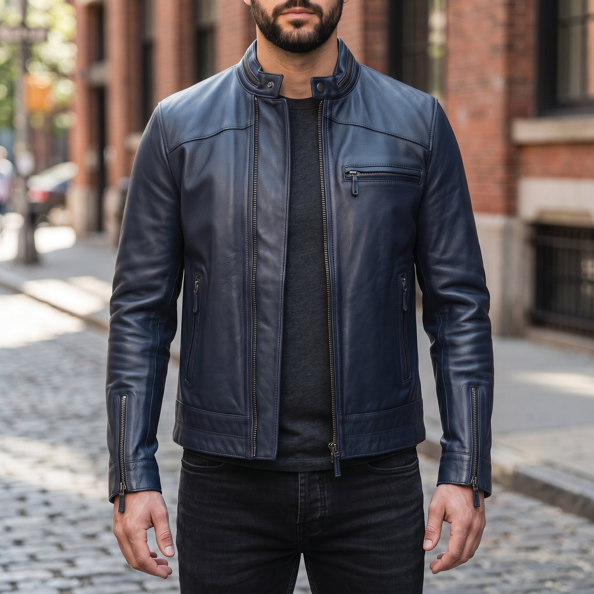 Men's Dark Blue Leather Biker Jacket — Holton