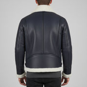Men's Dark Blue Pebbled Leather Shearling-Lined B-3 Bomber Jacket — Cromer