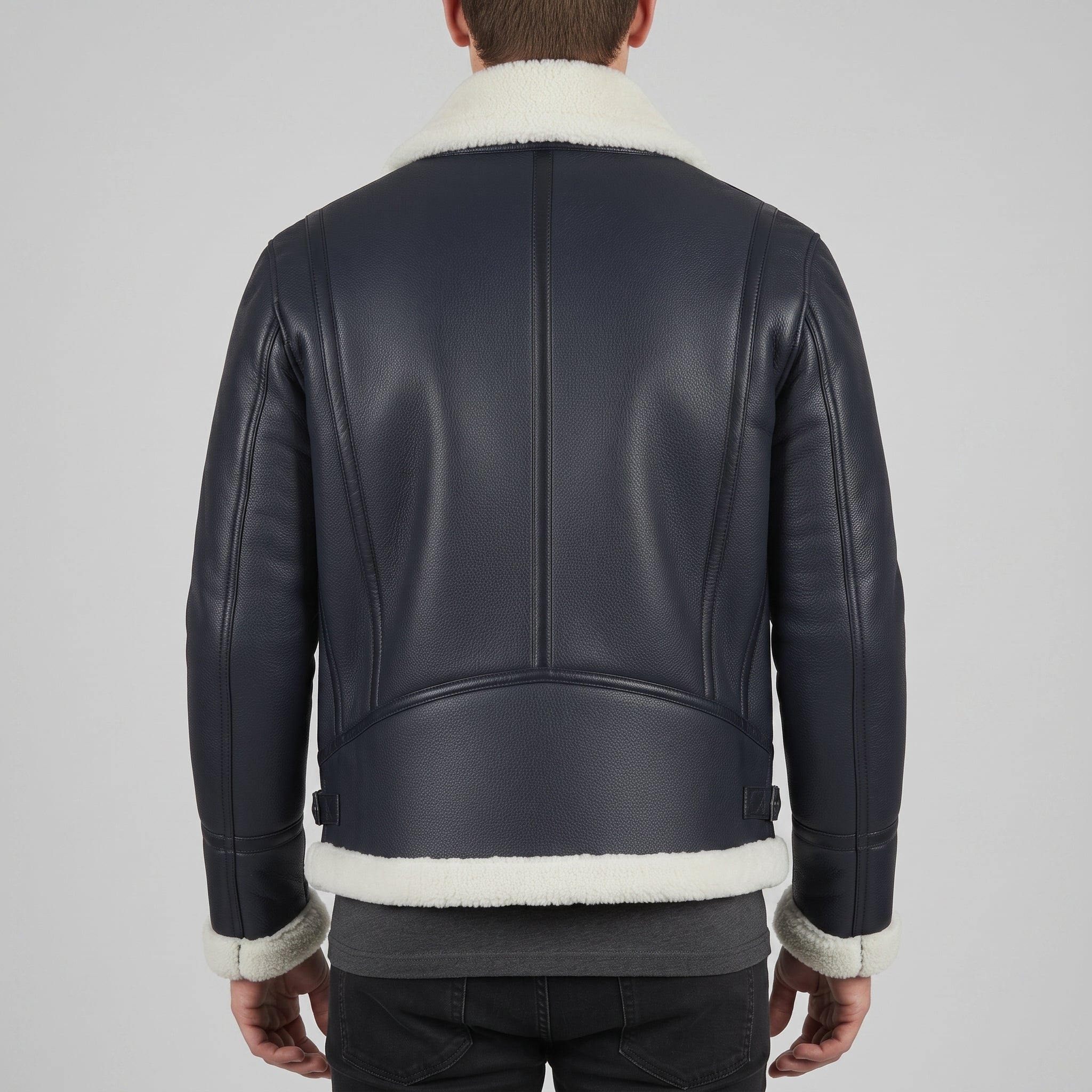 Men's Dark Blue Pebbled Leather Shearling-Lined B-3 Bomber Jacket — Cromer