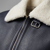 Men's Dark Blue Pebbled Leather Shearling-Lined B-3 Bomber Jacket — Cromer