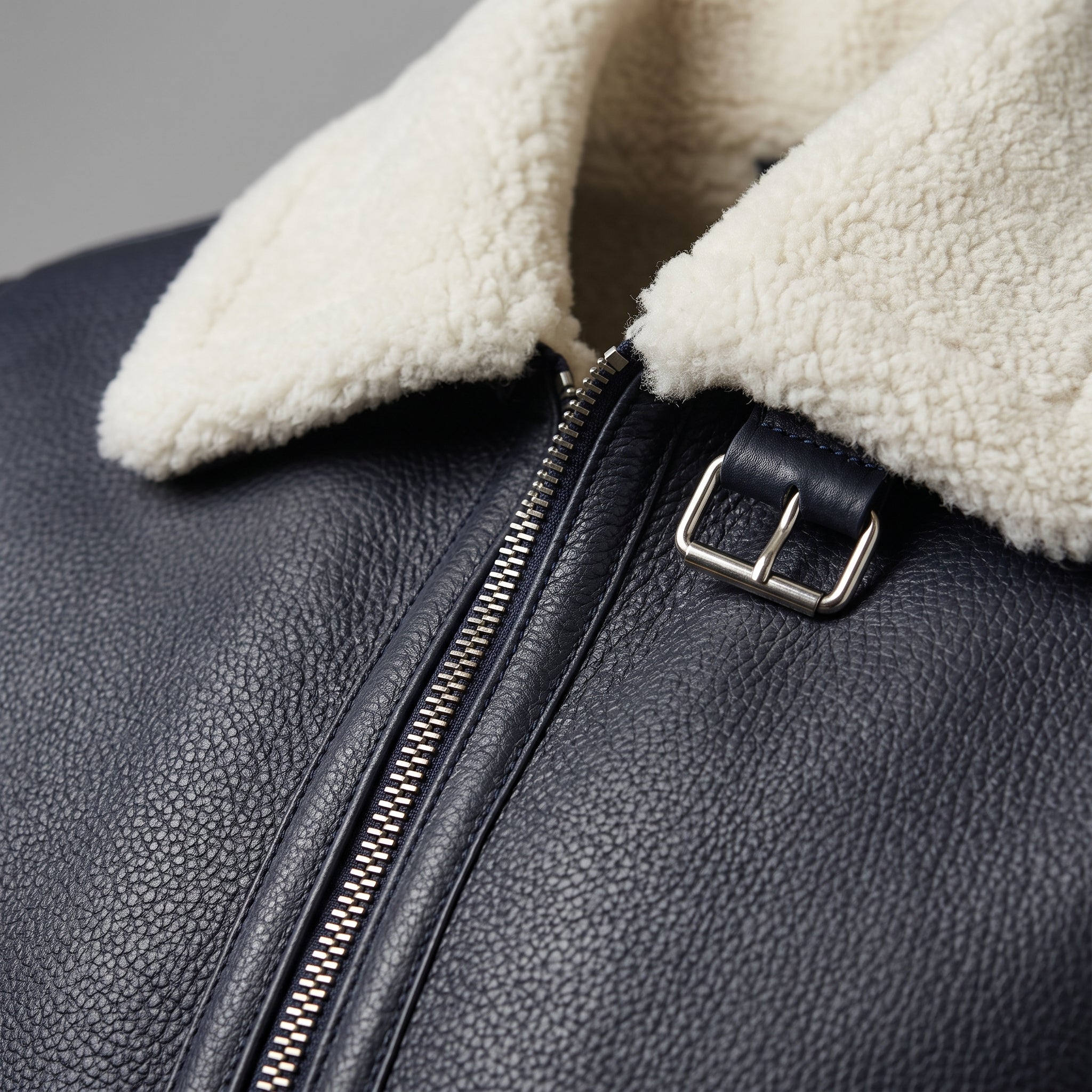 Men's Dark Blue Pebbled Leather Shearling-Lined B-3 Bomber Jacket — Cromer