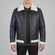 Men's Dark Blue Pebbled Leather Shearling-Lined B-3 Bomber Jacket — Cromer