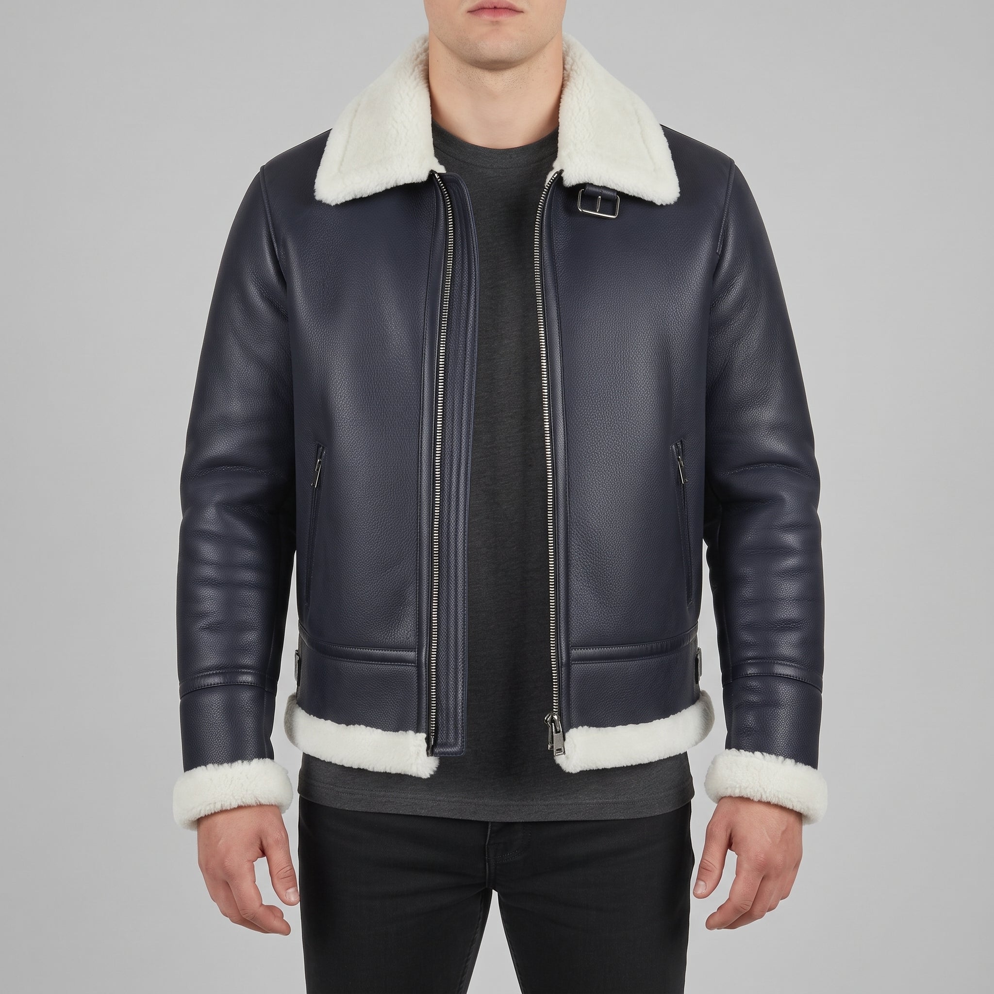 Men's Dark Blue Pebbled Leather Shearling-Lined B-3 Bomber Jacket — Cromer
