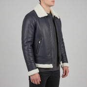 Men's Dark Blue Pebbled Leather Shearling-Lined B-3 Bomber Jacket — Cromer