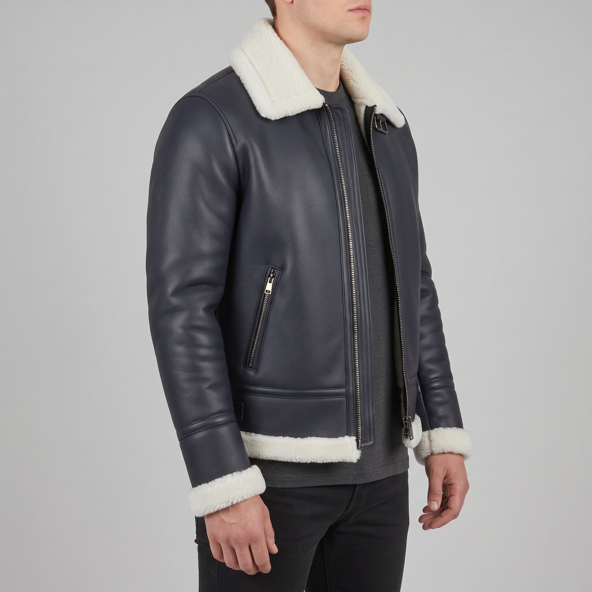 Men's Dark Blue Pebbled Leather Shearling-Lined B-3 Bomber Jacket — Cromer