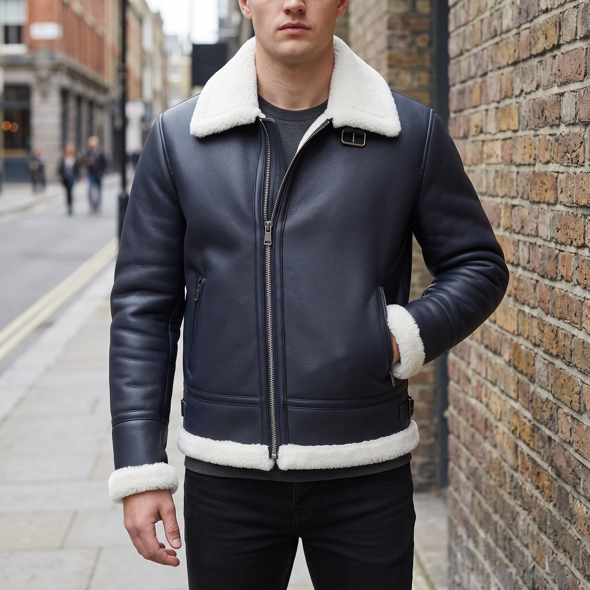 Men's Dark Blue Pebbled Leather Shearling-Lined B-3 Bomber Jacket — Cromer