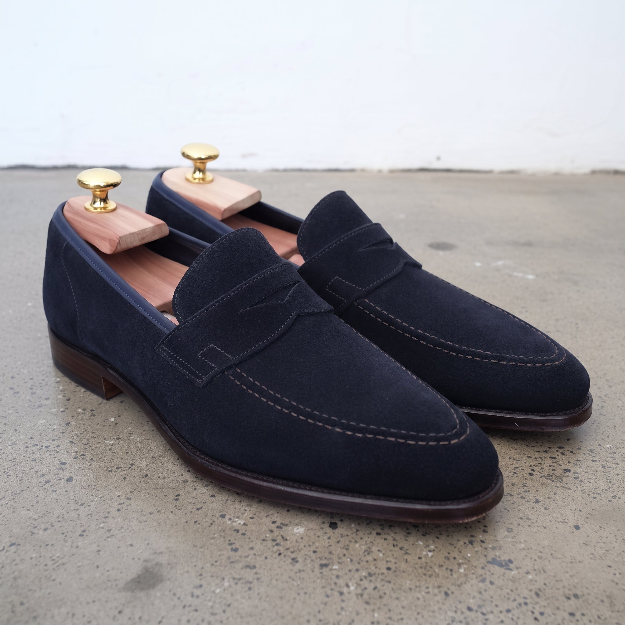 Men's Dark Blue Suede Apron-Toe Penny Loafers — Hunt