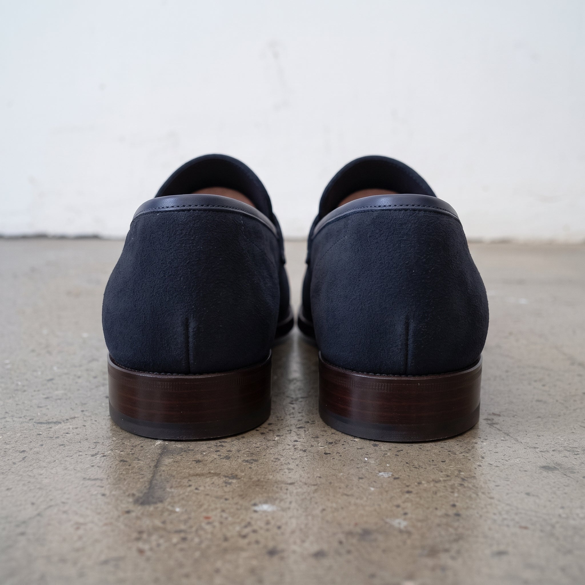 Men's Dark Blue Suede Apron-Toe Penny Loafers — Hunt