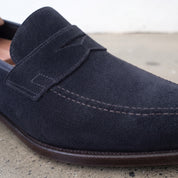 Men's Dark Blue Suede Apron-Toe Penny Loafers — Hunt