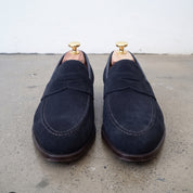 Men's Dark Blue Suede Apron-Toe Penny Loafers — Hunt