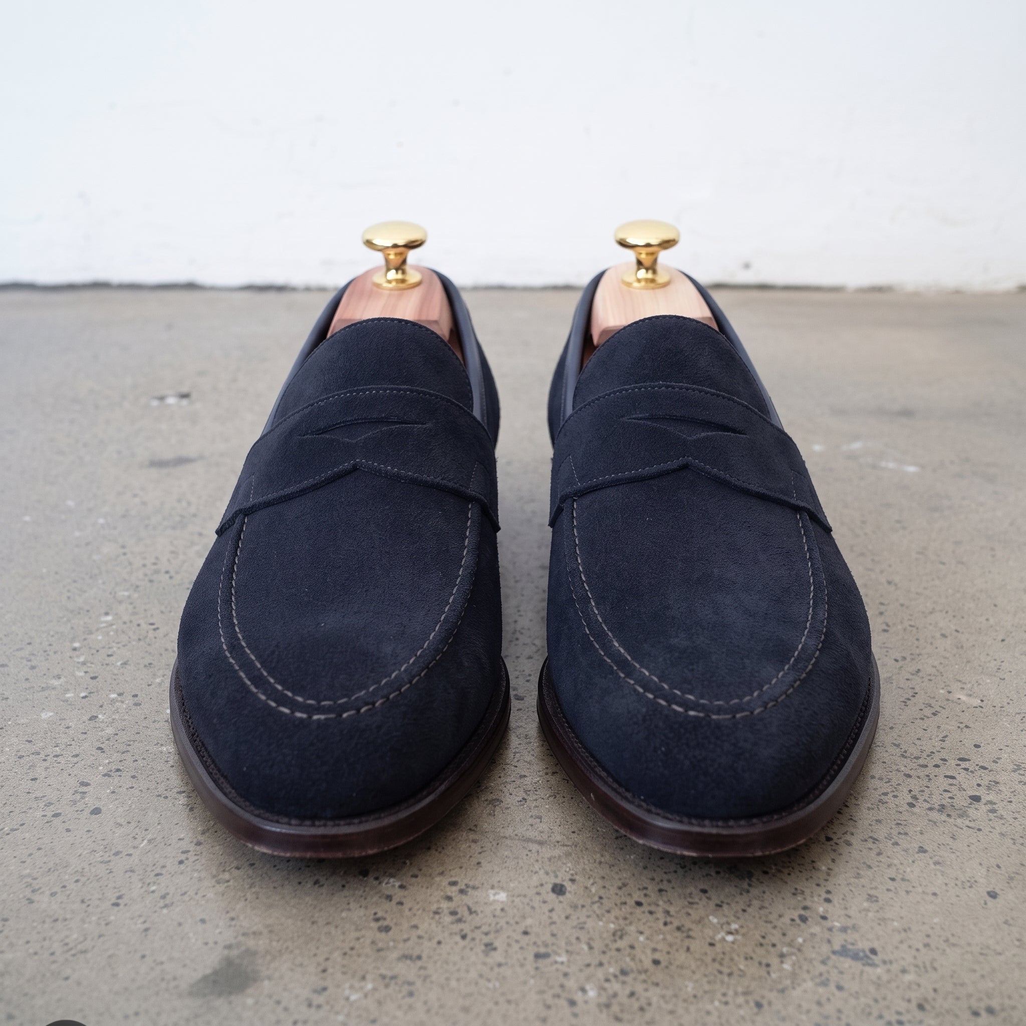 Men's Dark Blue Suede Apron-Toe Penny Loafers — Hunt