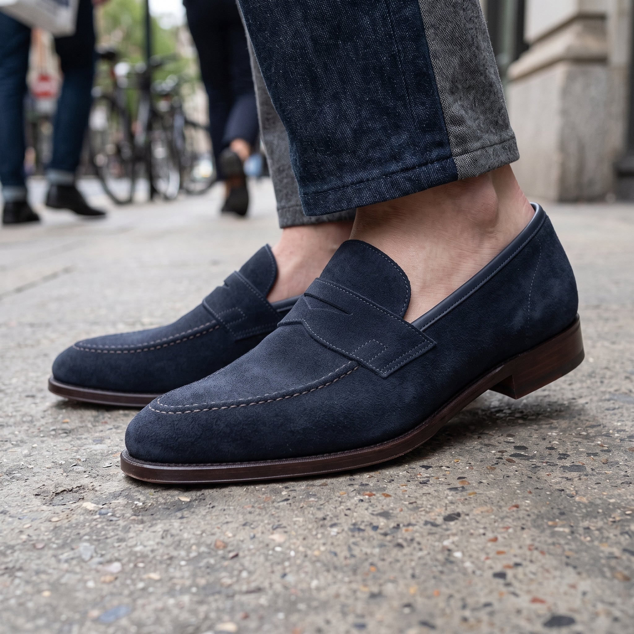 Men's Dark Blue Suede Apron-Toe Penny Loafers — Hunt