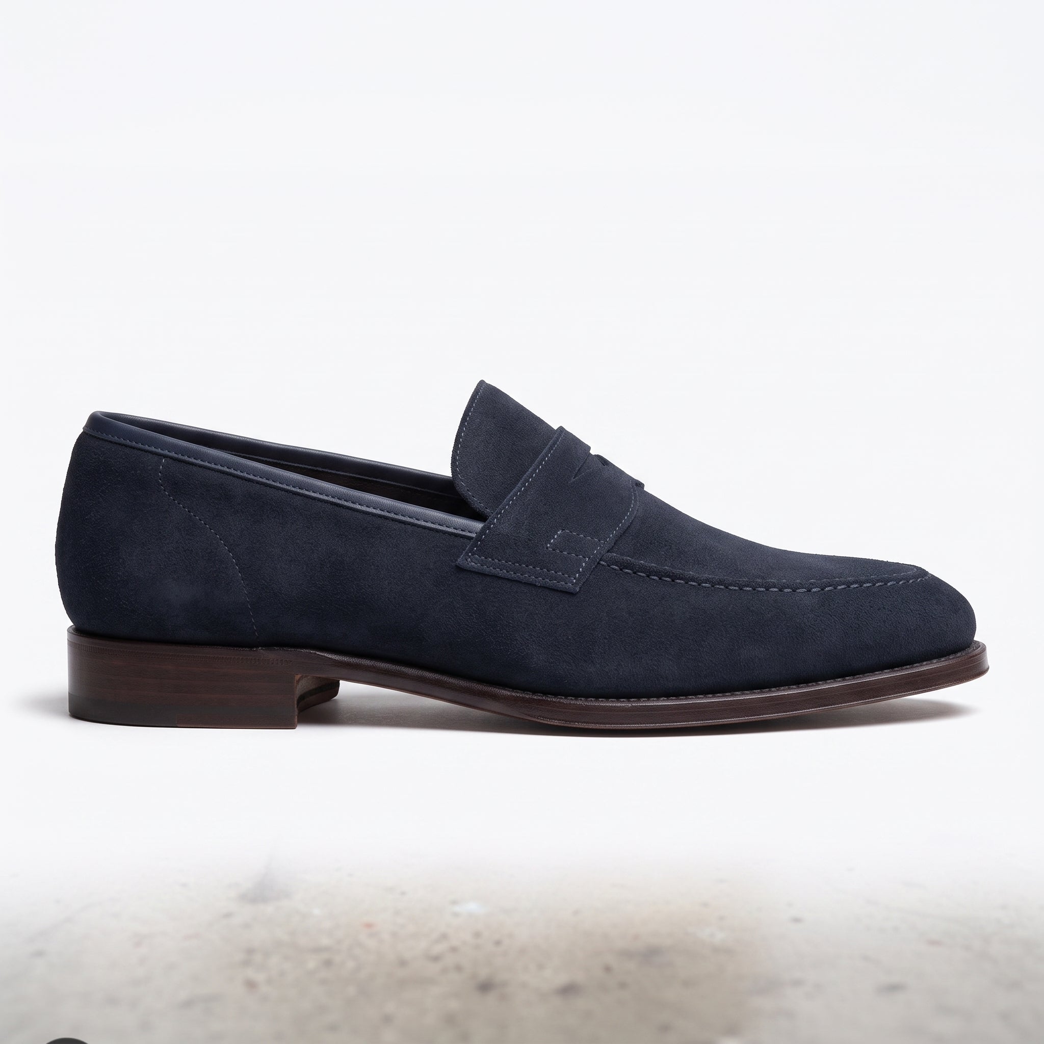 Men's Dark Blue Suede Apron-Toe Penny Loafers — Hunt
