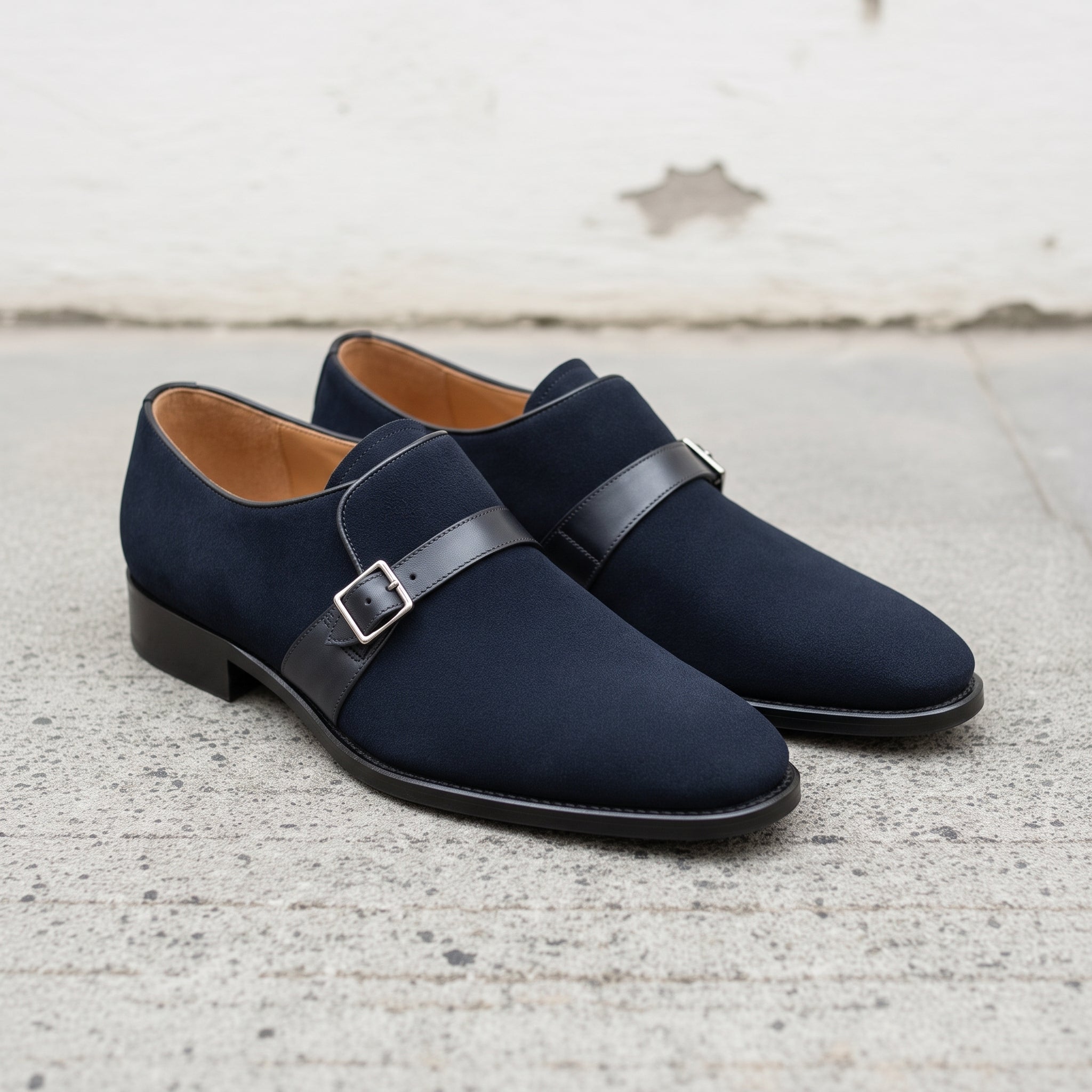 Men's Dark Blue Suede Monk Strap Dress Shoes — Fairfield