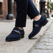 Men's Dark Blue Suede Monk Strap Dress Shoes — Fairfield