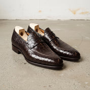 Men's Dark Brown Alligator-Embossed Leather Apron-Toe Penny Loafers — Cobham