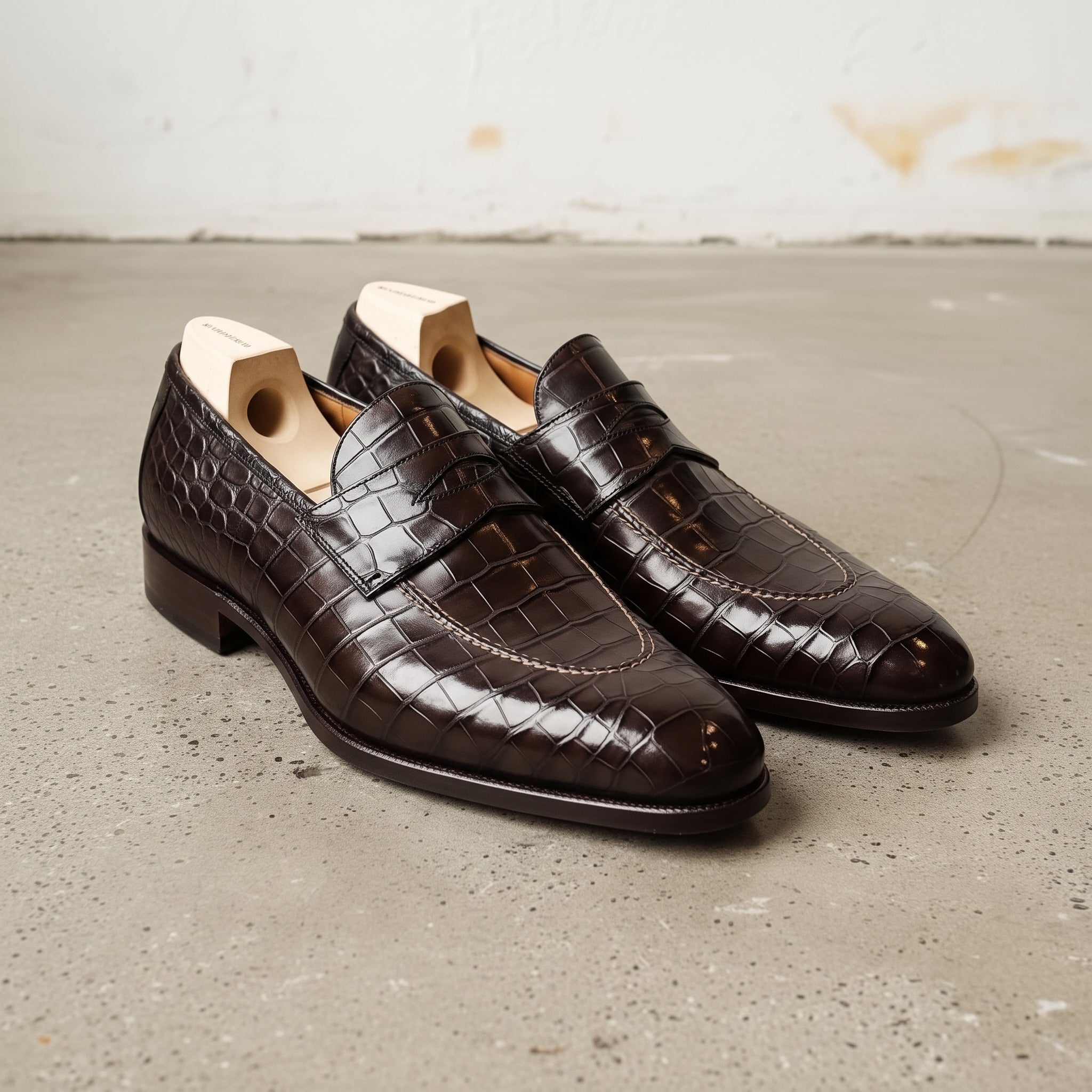 Men's Dark Brown Alligator-Embossed Leather Apron-Toe Penny Loafers — Cobham