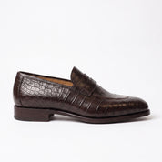 Men's Dark Brown Alligator-Embossed Leather Apron-Toe Penny Loafers — Cobham